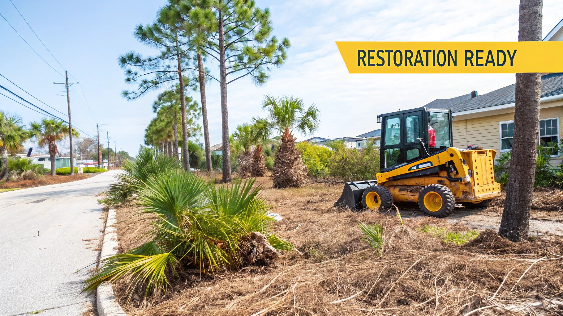 A yellow compact loader sits on a cleared site with brush and trees, indicating restoration readiness.