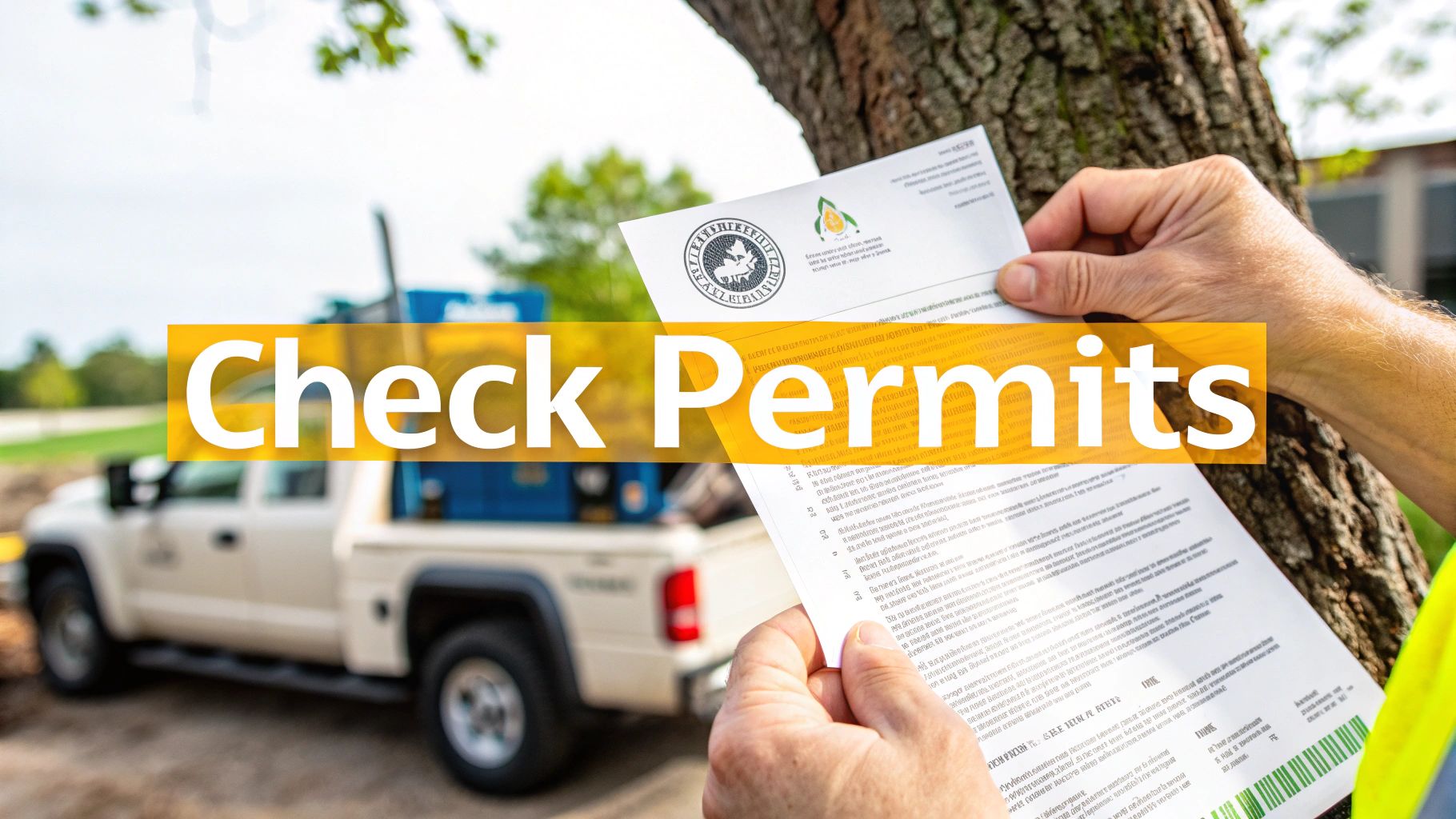 A person's hands hold construction permits with a work truck and tree in the background, text reads 'Check Permits'.