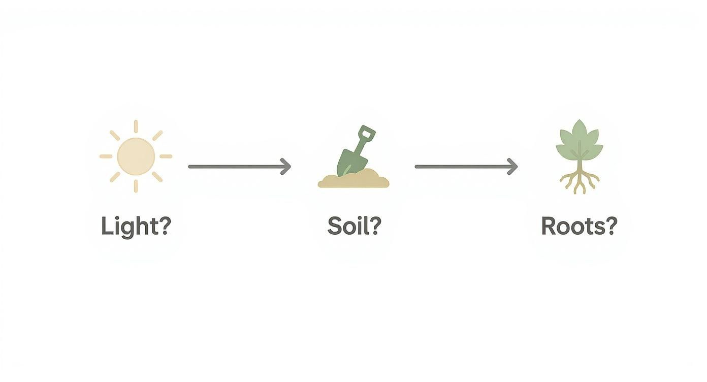 A diagram with icons and question marks: sun (light), shovel in soil (soil), and a plant with roots (roots).