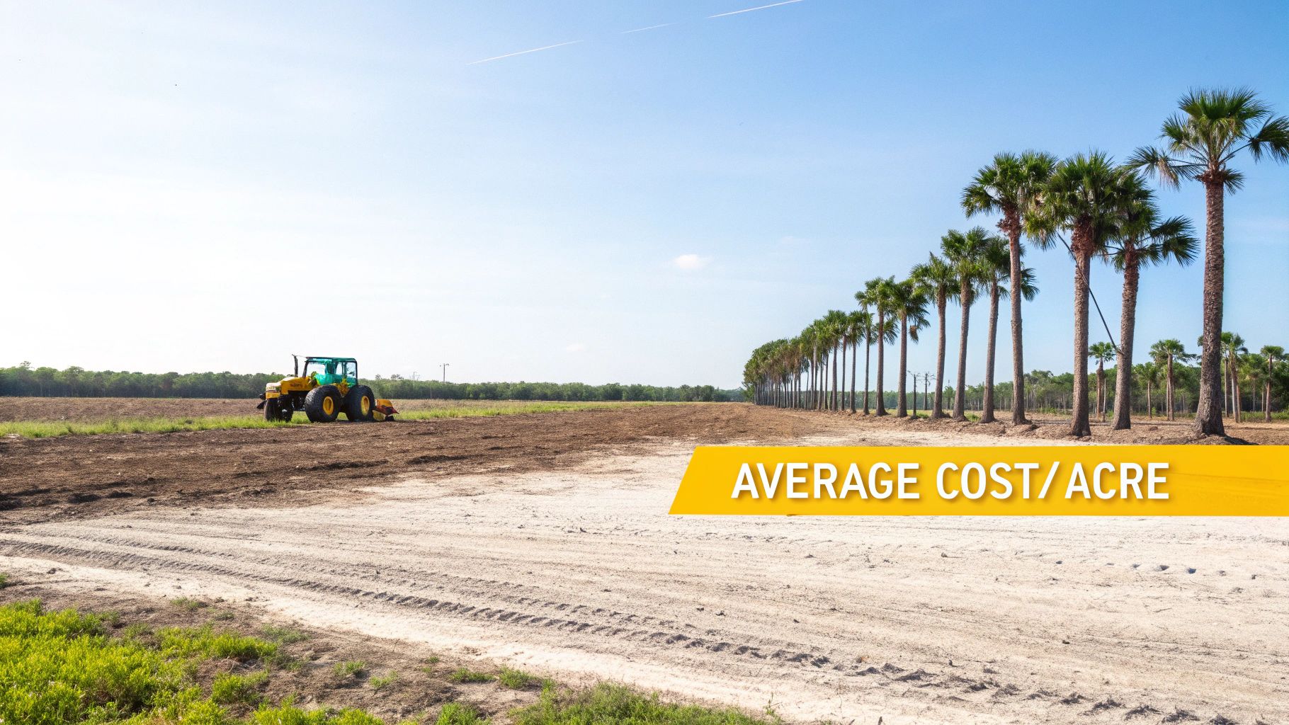 A tractor plows a large, cleared field under a blue sky, with a row of palm trees and a banner reading 'AVERAGE COST/ACRE'.