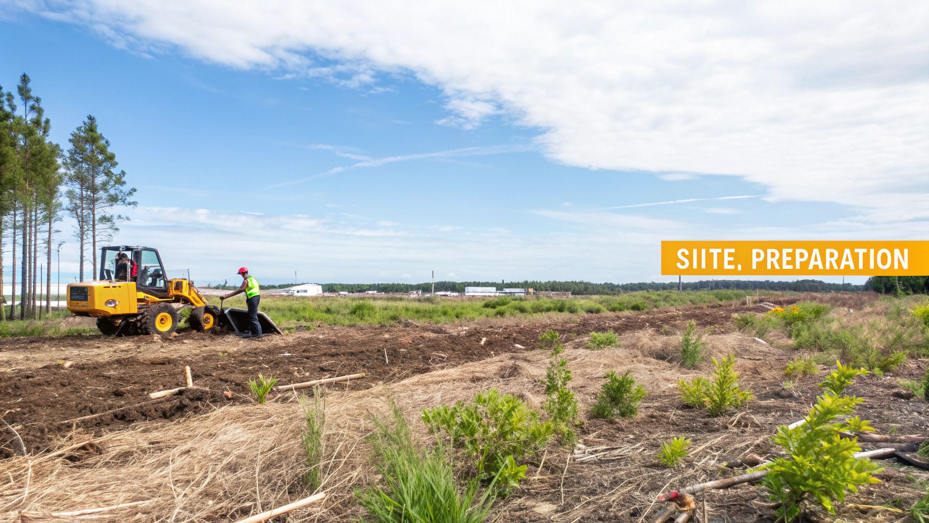 Workers use a small yellow front-end loader for site preparation in a large open field.