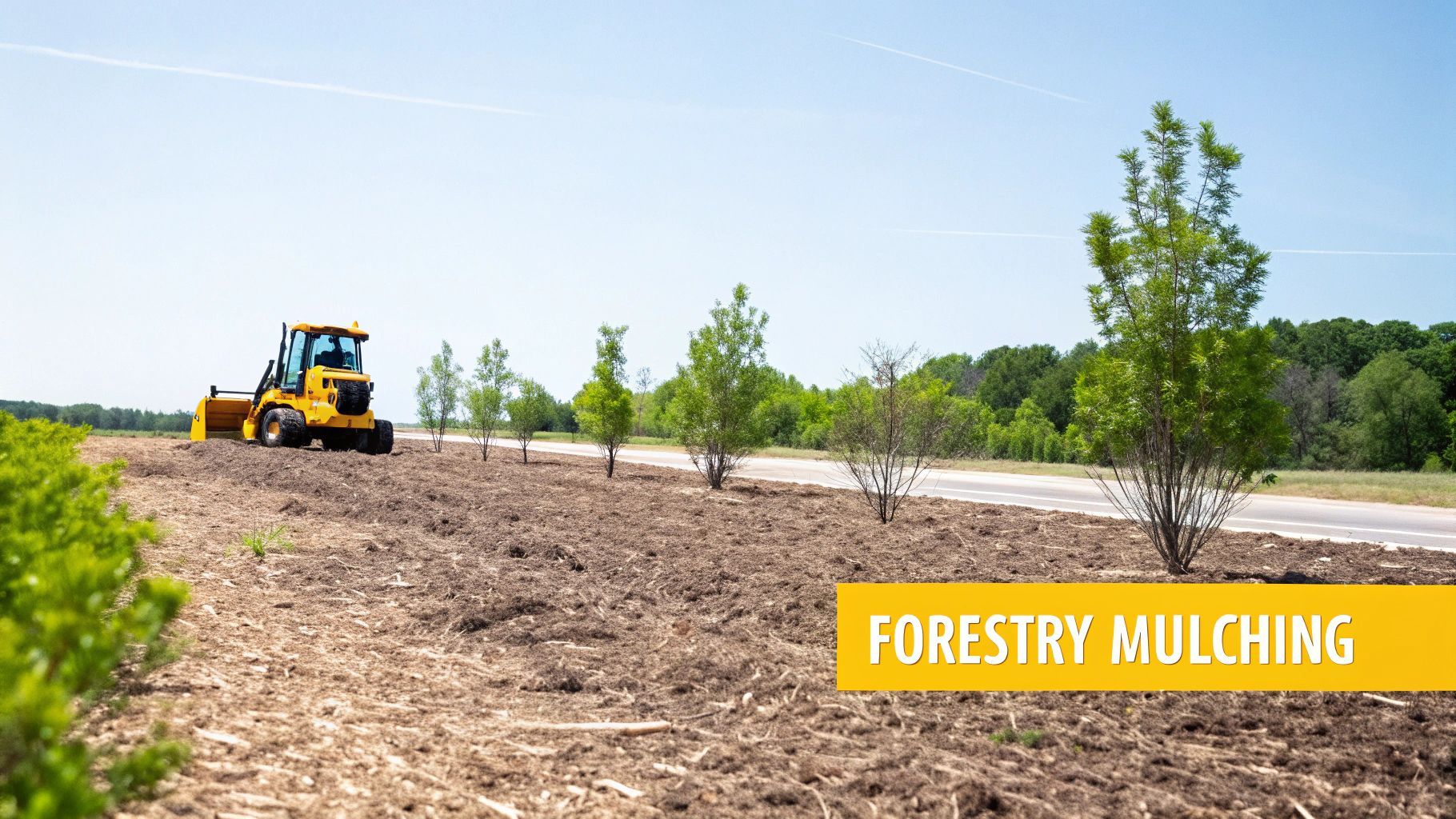 A yellow forestry mulcher machine clearing land, creating mulched ground around young trees near a road.