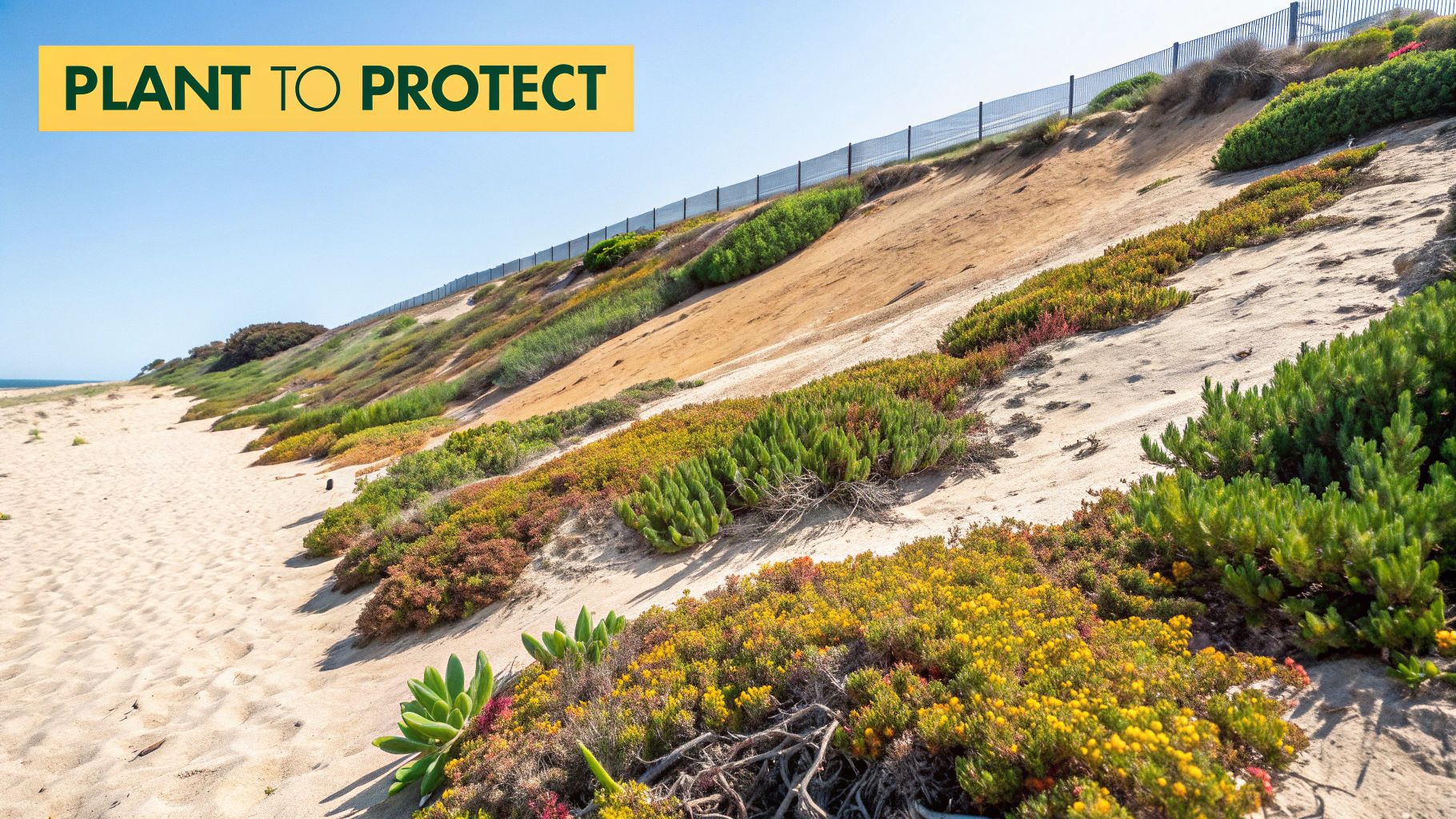 Coastal slope stabilization using native plants and vegetation to prevent sandy soil erosion