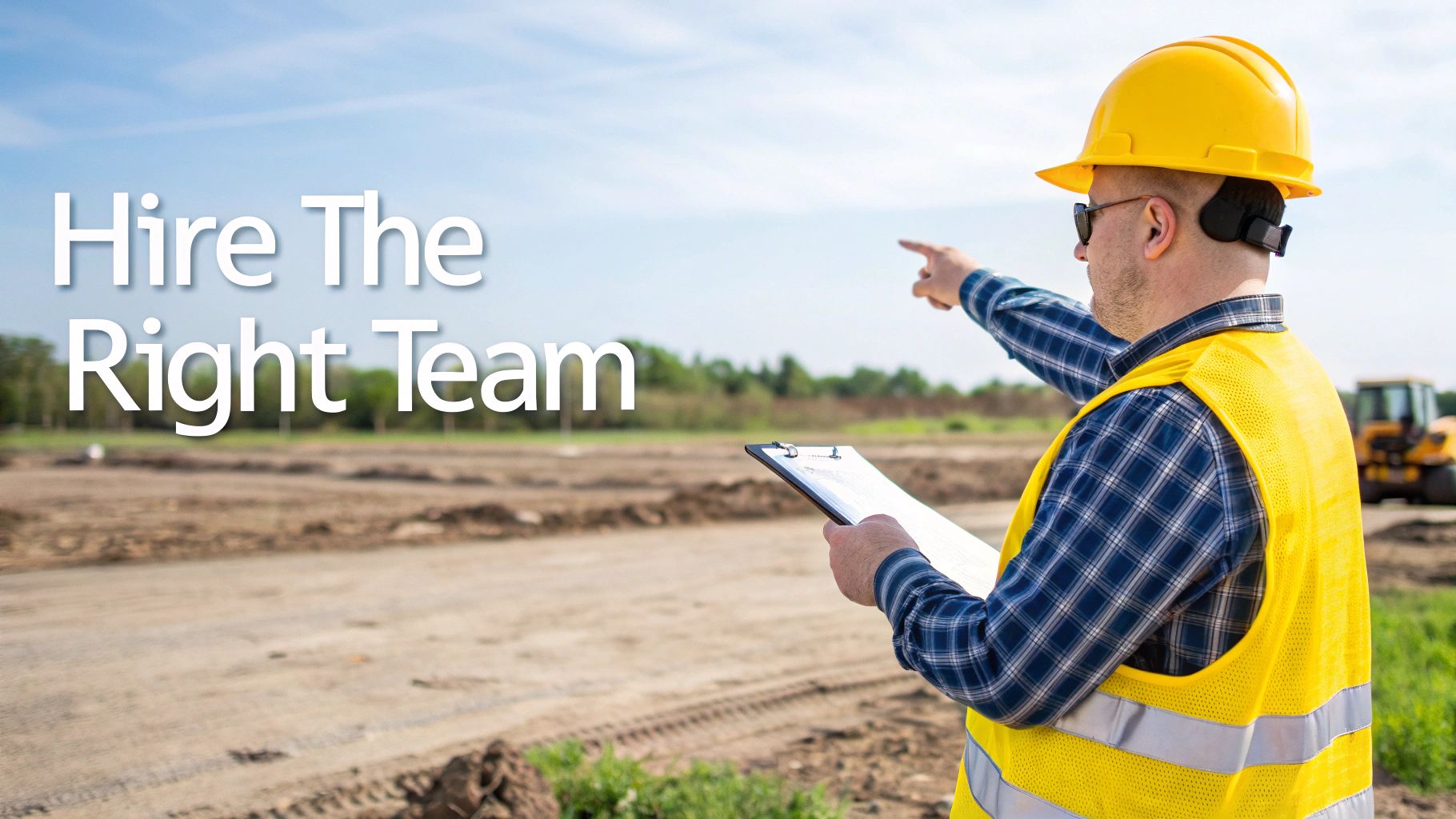 A construction manager in a hard hat and safety vest points at a land clearing site.
