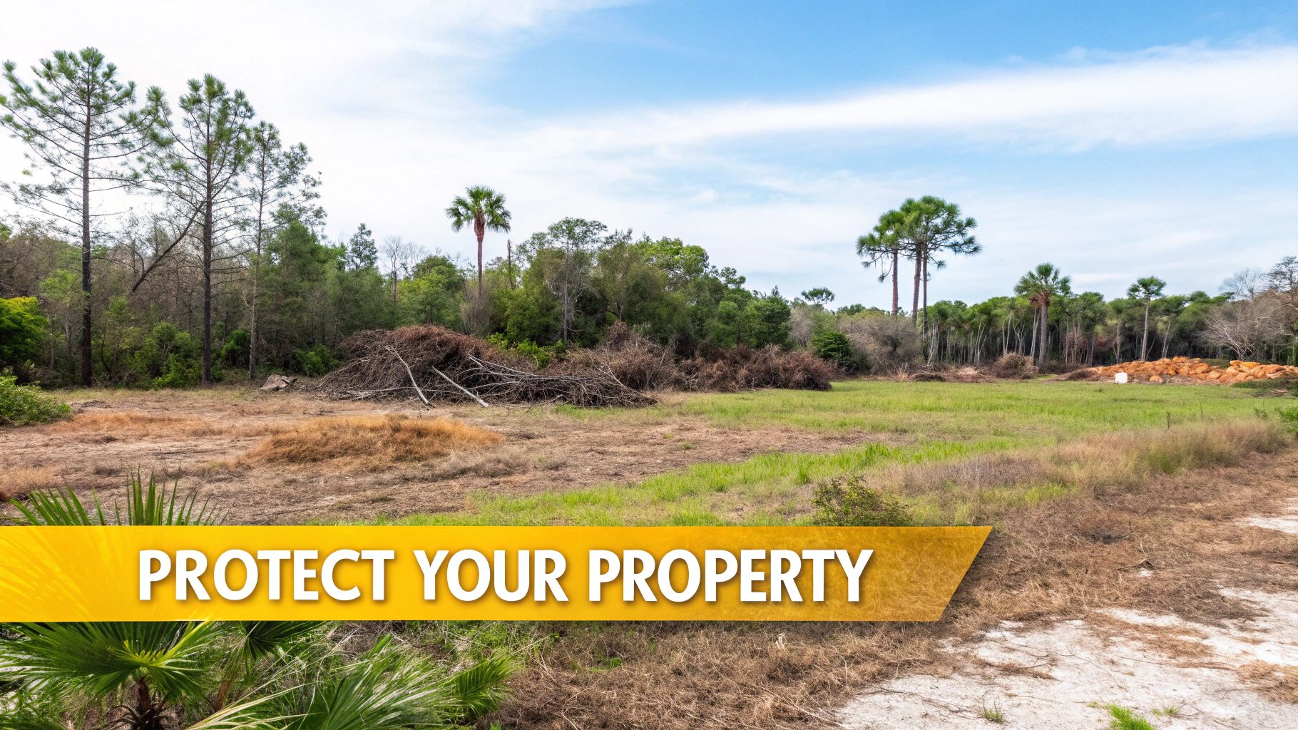 Cleared land with brush piles and trees showing property maintenance and land clearing work