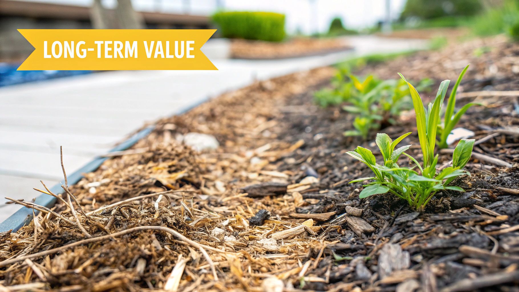 Young green plants growing in a mulched garden bed next to a path, with a 'LONG-TERM VALUE' banner.