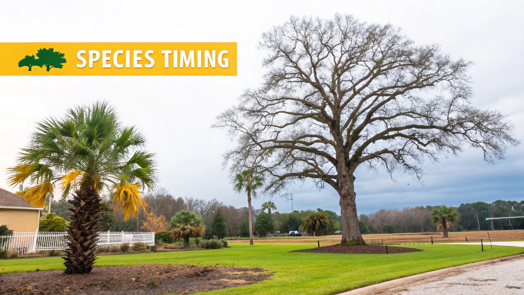 A park scene featuring a large, leafless tree and several palm trees with a "SPECIES TIMING" banner.