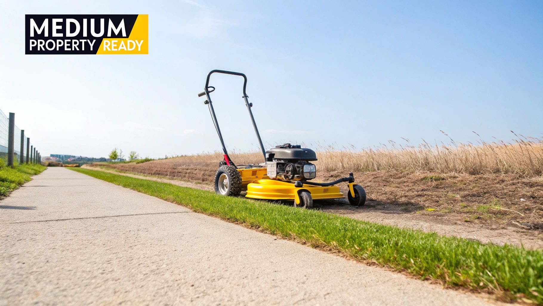 A bright yellow commercial lawnmower sits on green grass next to a paved path with dry fields.