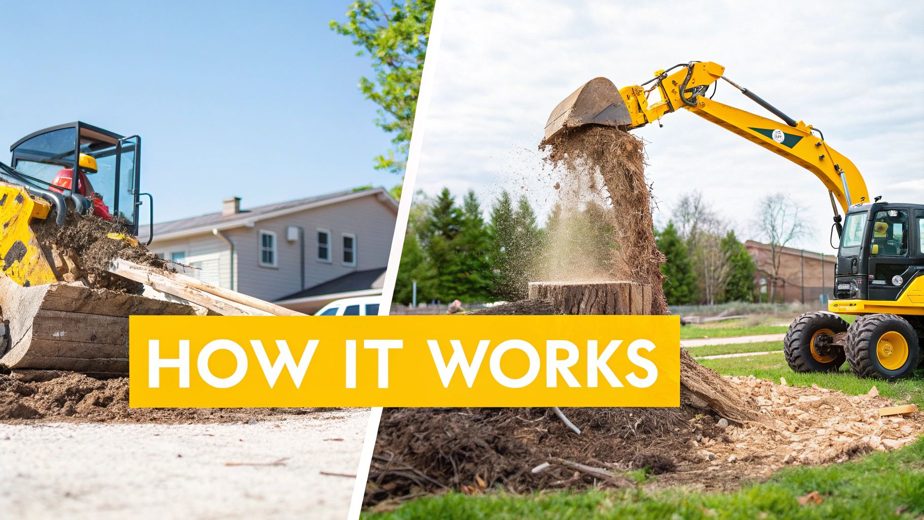 A large stump being professionally ground down, with woodchips flying from the machine.