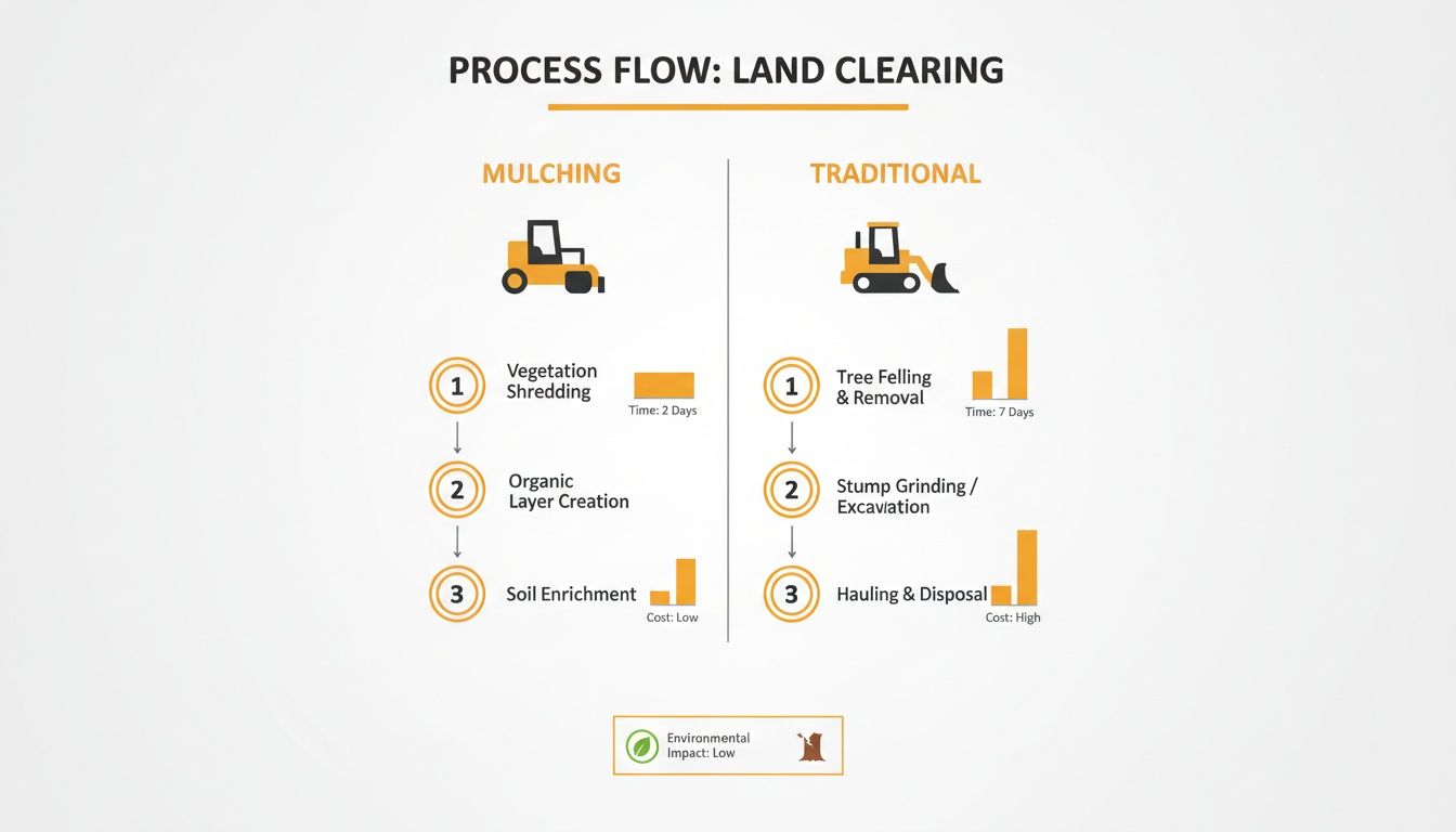 Infographic comparing land clearing methods: mulching (low cost, low impact) versus traditional (high cost, high impact).