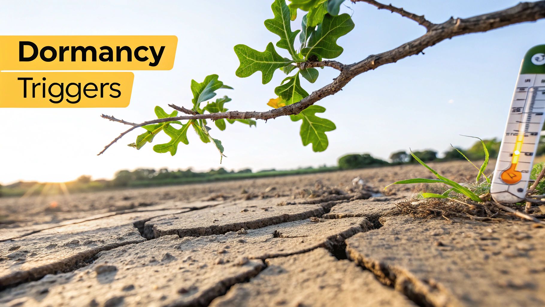 Cracked dry earth with a thermometer showing high heat, a green branch, and 'Dormancy Triggers' text.