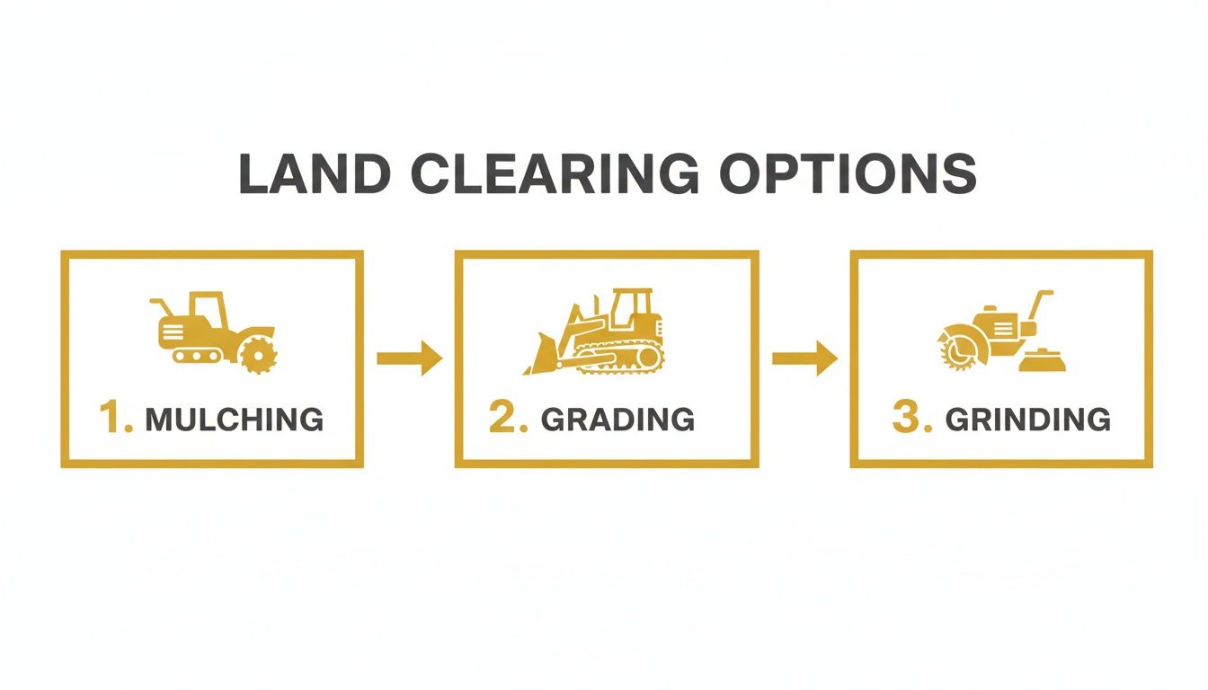 An infographic showing land clearing options: mulching with a tractor, grading with a bulldozer, and grinding.