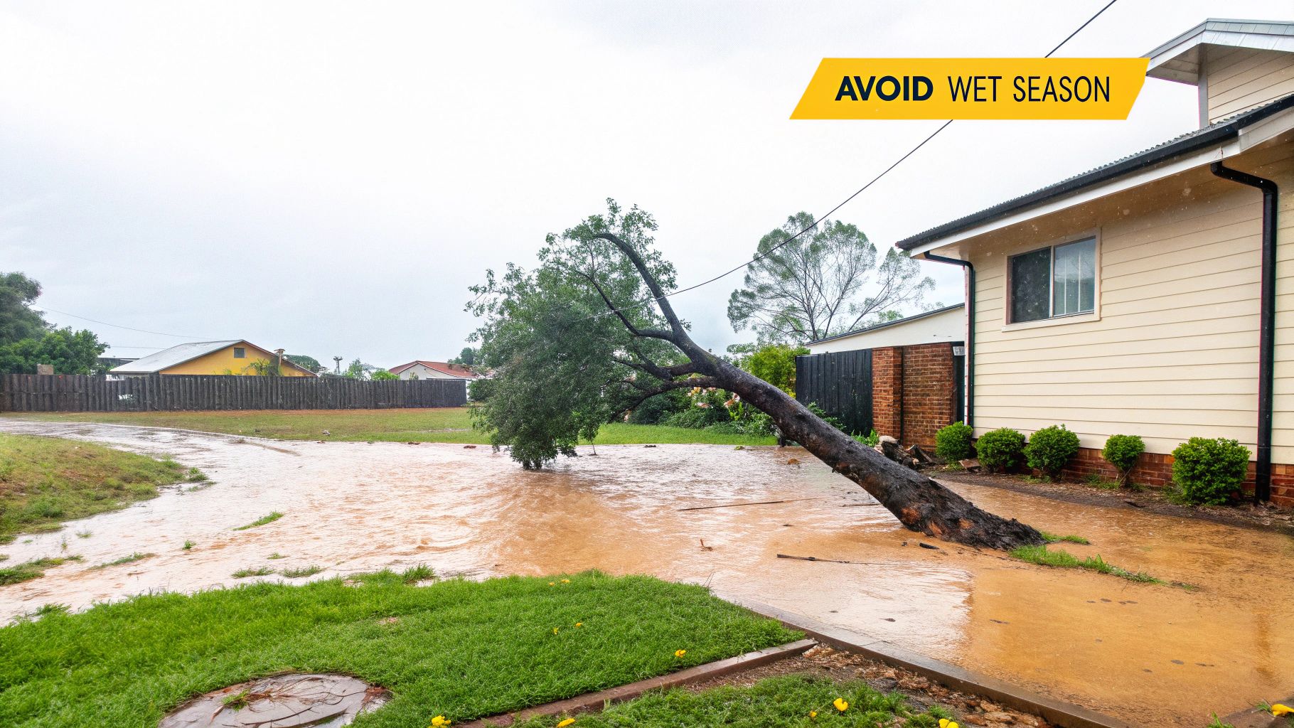 A residential area shows the aftermath of a wet season with muddy floodwaters and a large fallen tree.