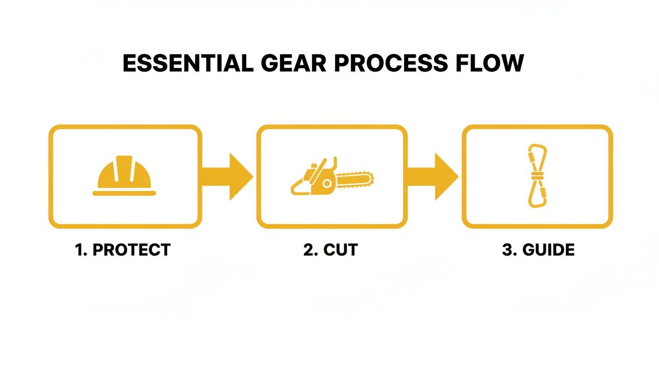 Process flow showing essential gear for protection, cutting, and guiding with hard hat, chainsaw, and carabiner.