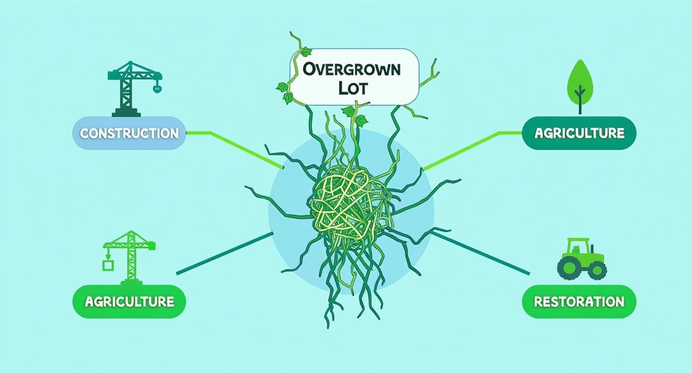 Diagram showing overgrown lot with tangled roots connecting to construction, agriculture, and restoration services