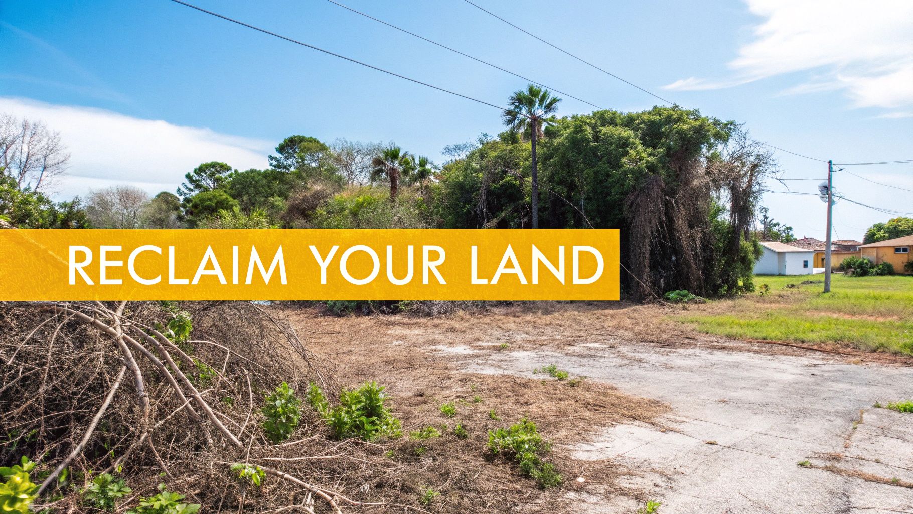An excavator with a mulching attachment clearing dense underbrush on a property.