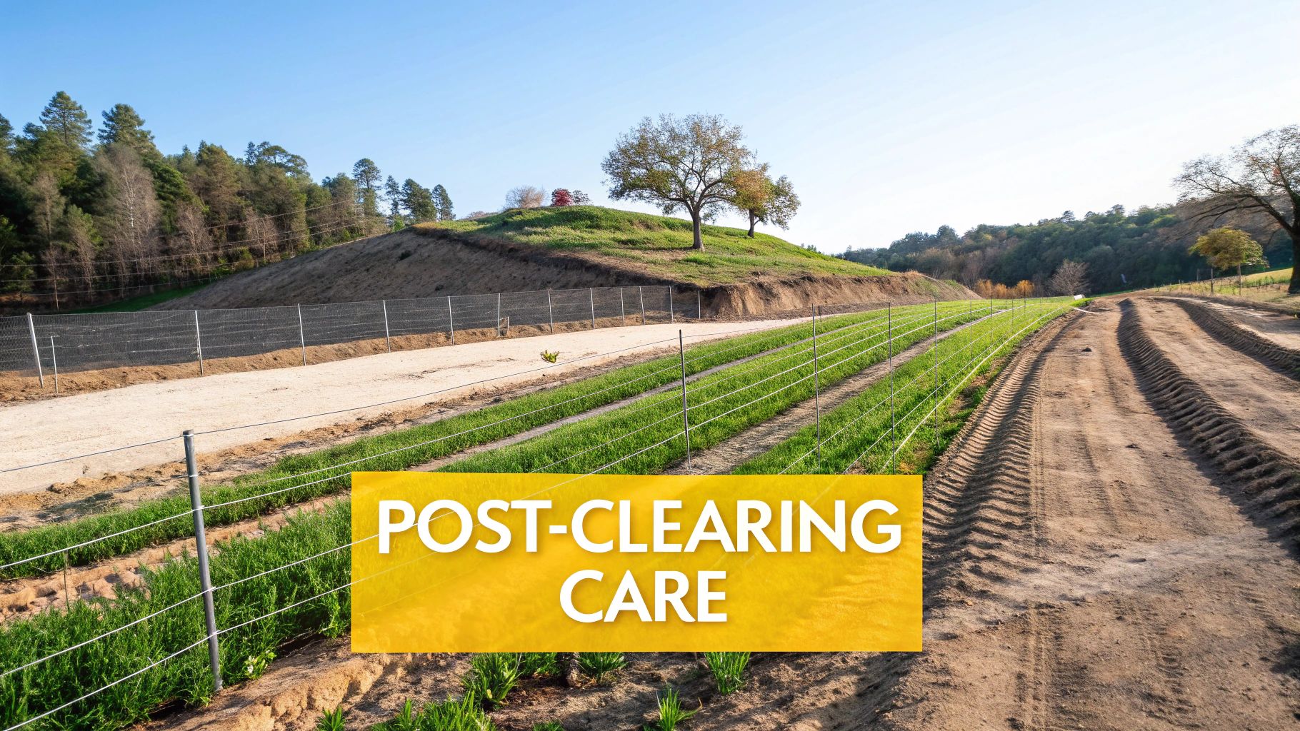 Newly planted agricultural field with rows of green crops, a dirt path, and hills with trees, indicating post-clearing care.