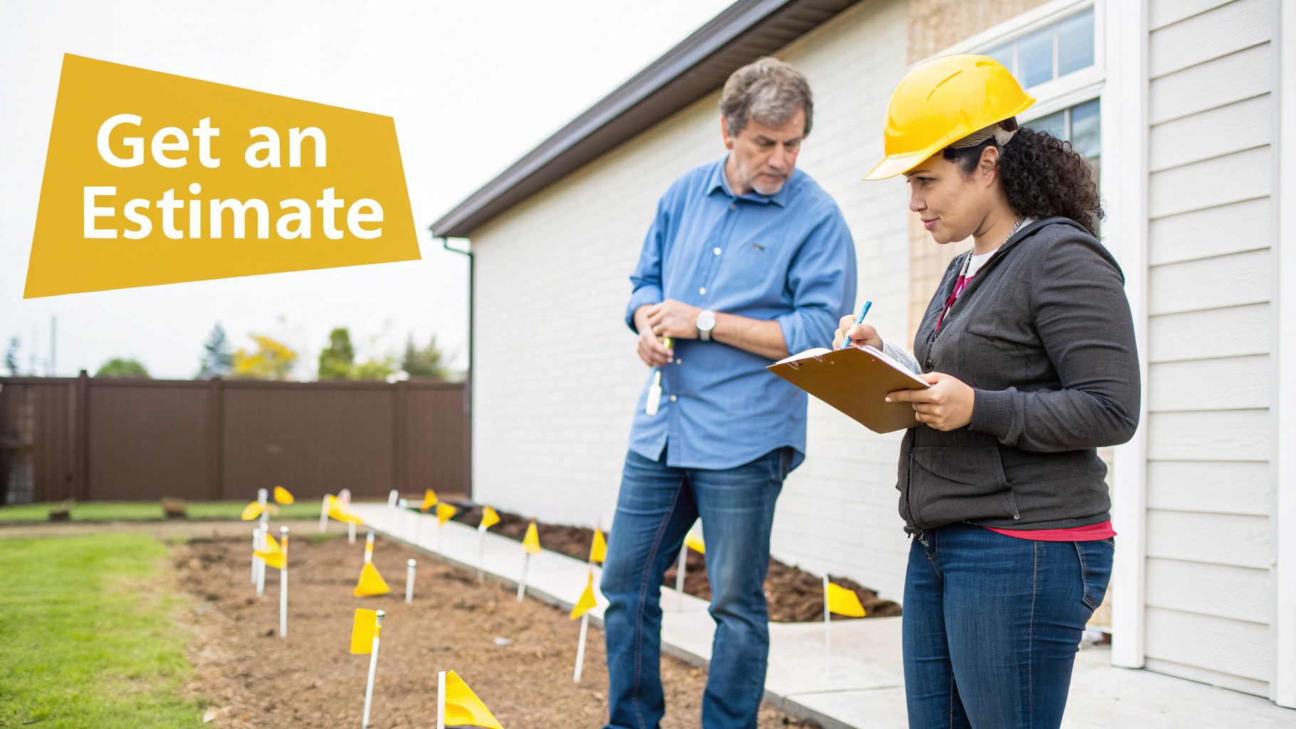 A female surveyor in a hard hat discusses a land project with a client, getting an estimate.