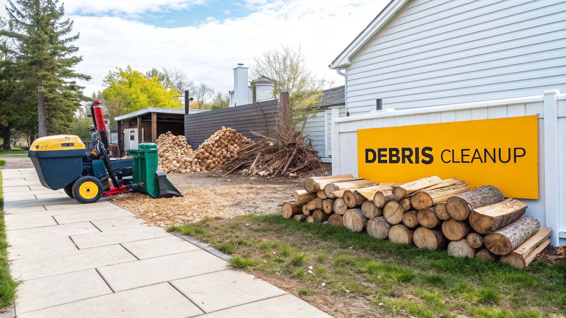 A wood chipper, stacked logs, and tree debris next to a 'DEBRIS CLEANUP' sign.