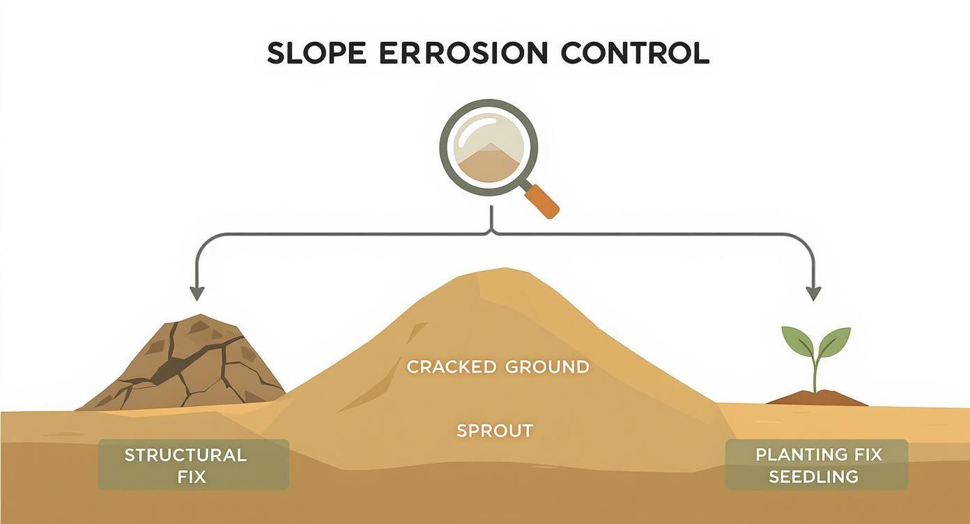 Slope erosion control methods diagram showing structural fix, vegetation planting, and cracked ground analysis