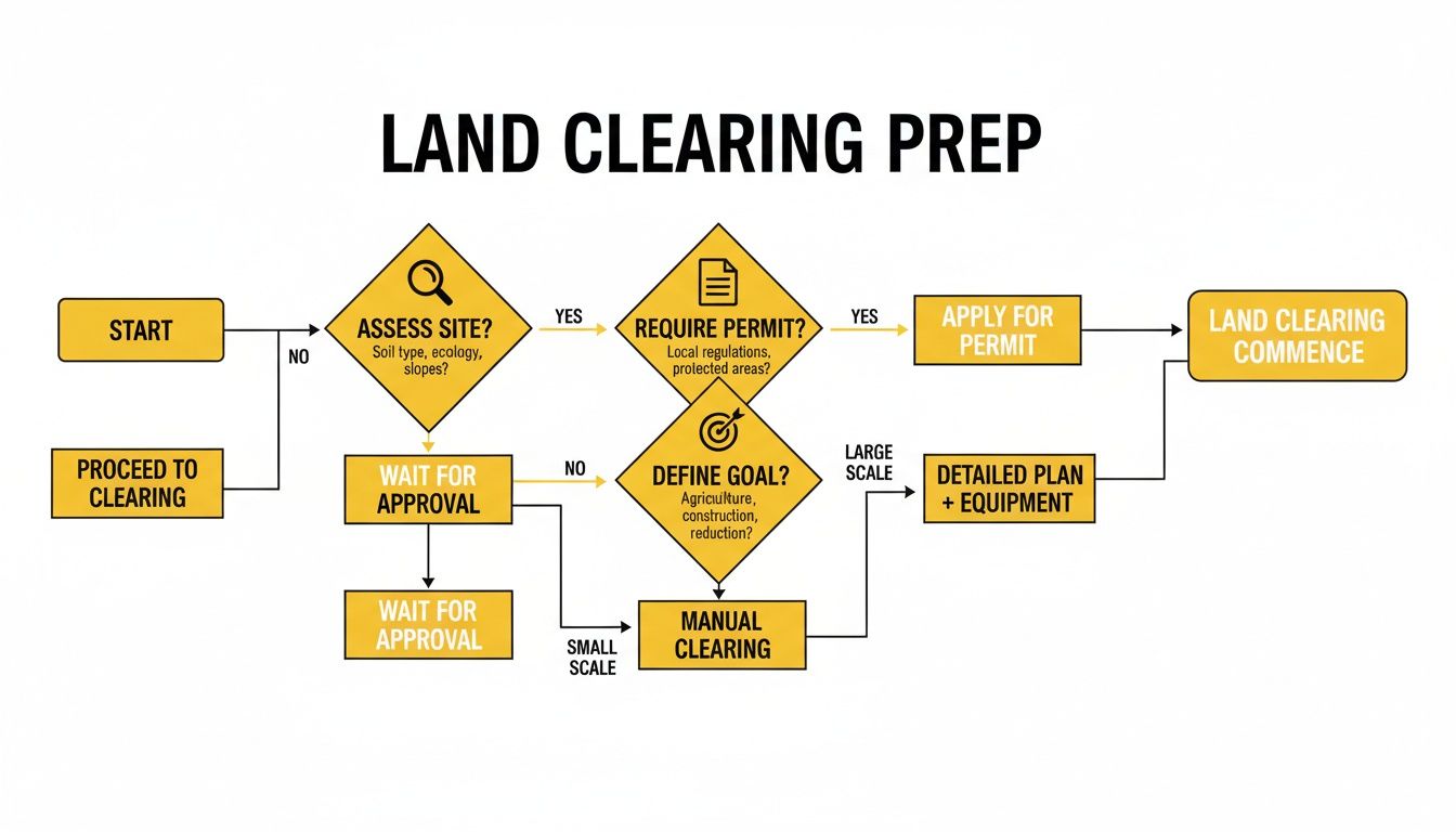 A detailed flowchart illustrating the comprehensive land clearing preparation process, from site assessment to commencement.
