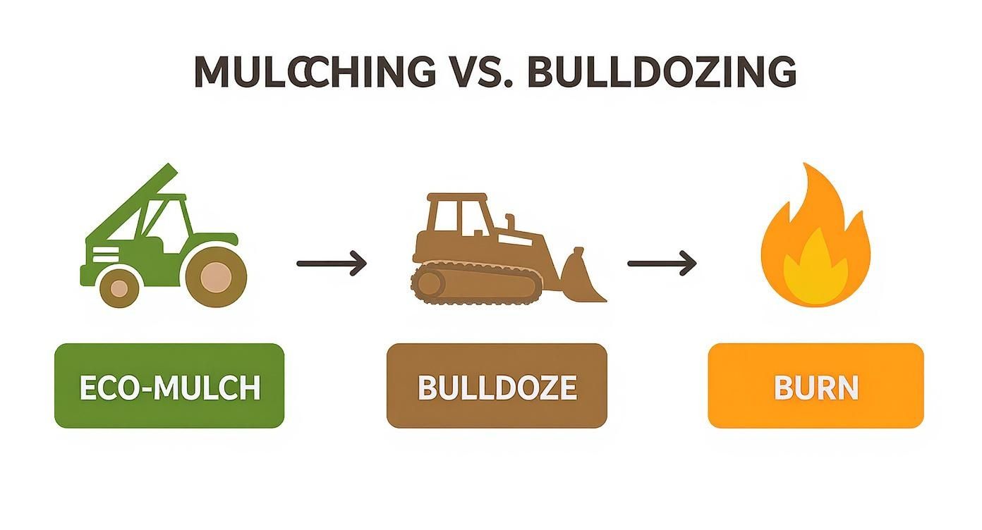 Infographic comparing eco-mulching with a tractor to bulldozing followed by burning methods.