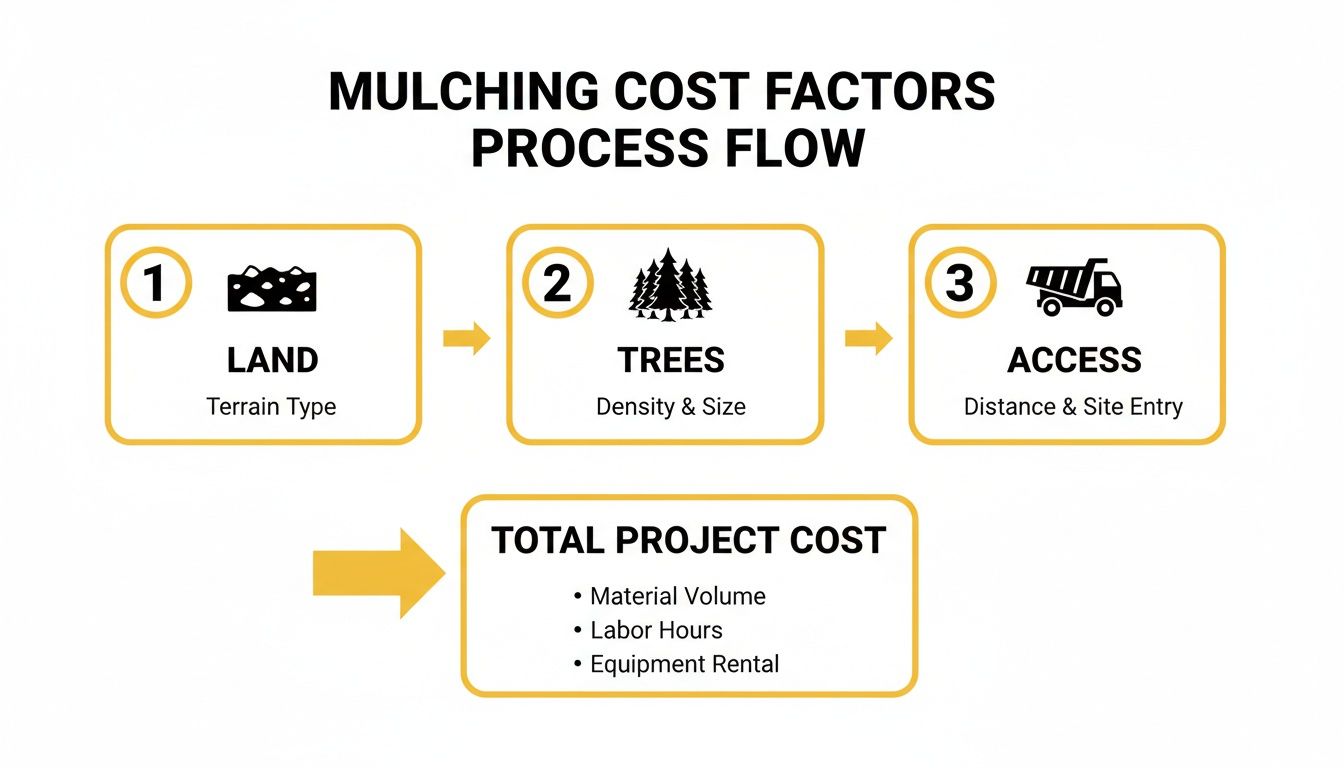 A flowchart detailing mulching cost factors: land terrain, tree density and size, and site access determine total project cost.