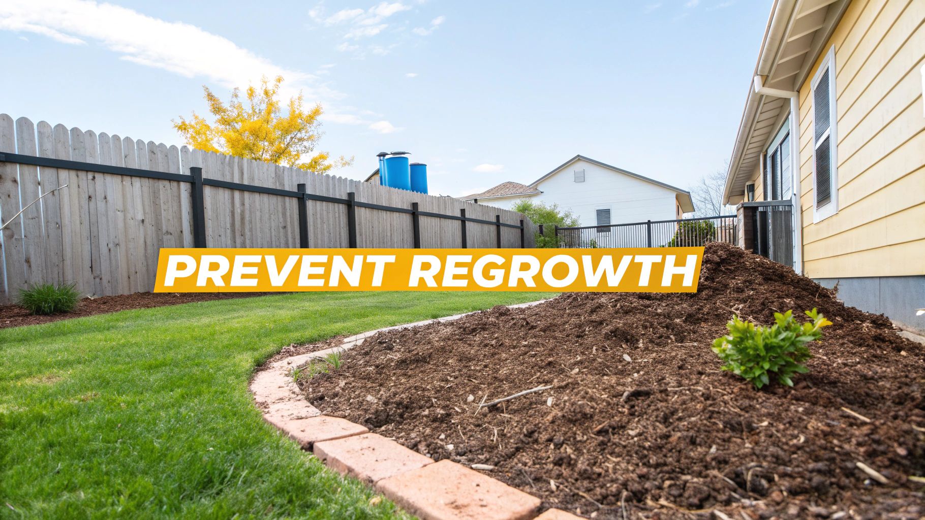A backyard garden with fresh mulch, green grass, a small plant, and 'PREVENT REGROWTH' text.