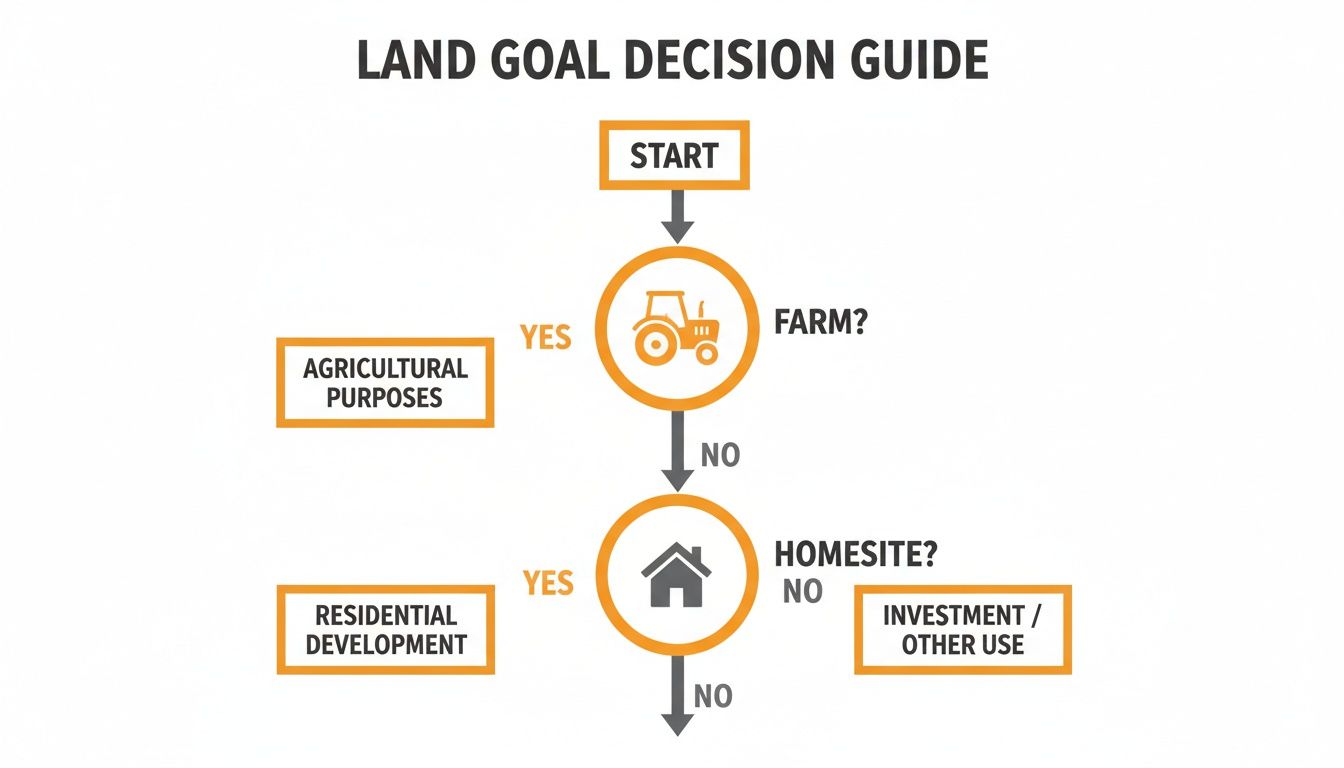 Flowchart guiding land goal decisions for agricultural, residential, or investment purposes.