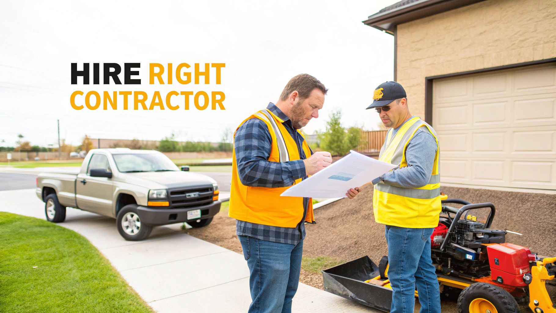 Two professional contractors in safety vests reviewing construction plans and documents outside residential property