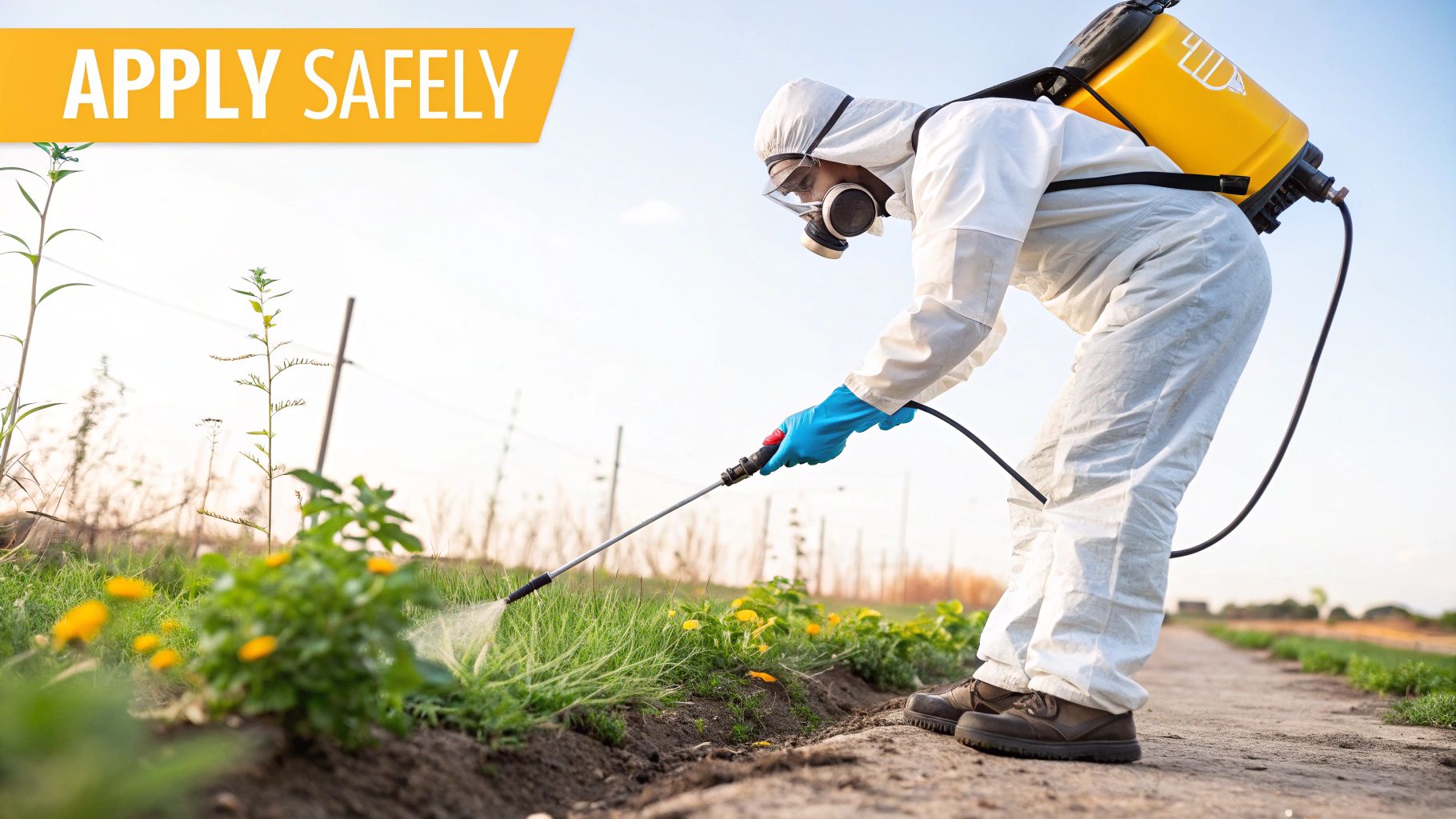A person in full protective gear sprays weeds with a backpack sprayer, emphasizing safety.