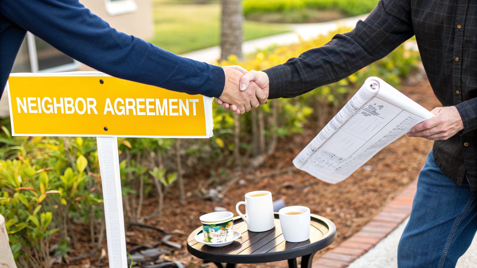 Two neighbors shake hands over a "Neighbor Agreement" sign, discussing property plans.