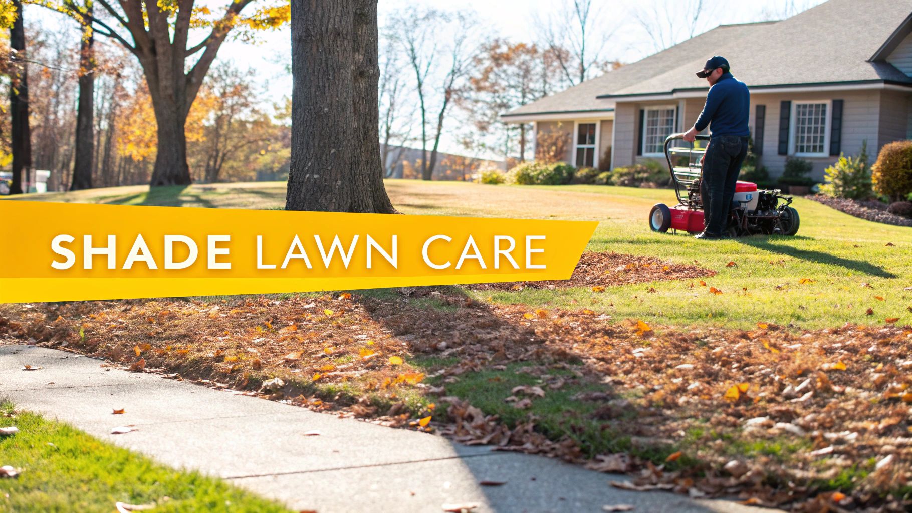 A man operates a lawn aerator on a green lawn covered in autumn leaves near a sidewalk and house.