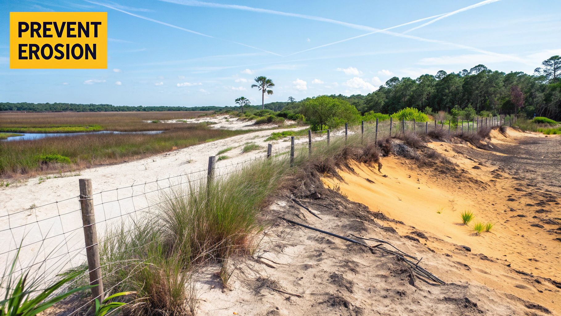 A landscape showing sandy dunes, a fence, marshland, and distant trees under a blue sky, with 'PREVENT EROSION' text.