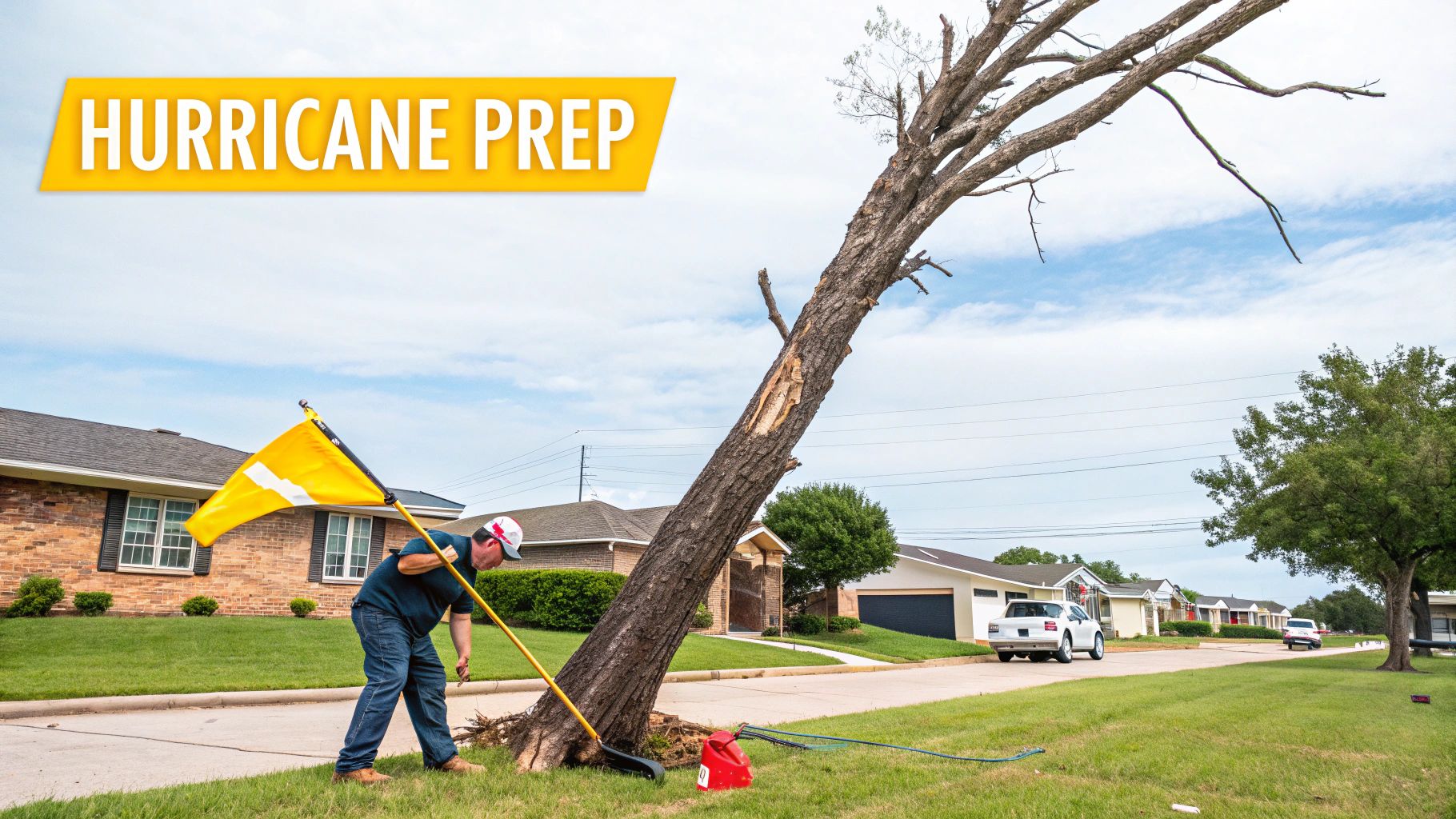 A man rakes debris around a partially fallen tree in a neighborhood, with 'HURRICANE PREP' visible.
