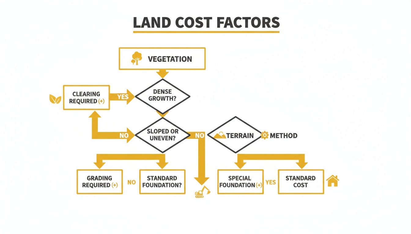 Flowchart illustrating various land cost factors, including vegetation, terrain, clearing, grading, and foundation requirements.