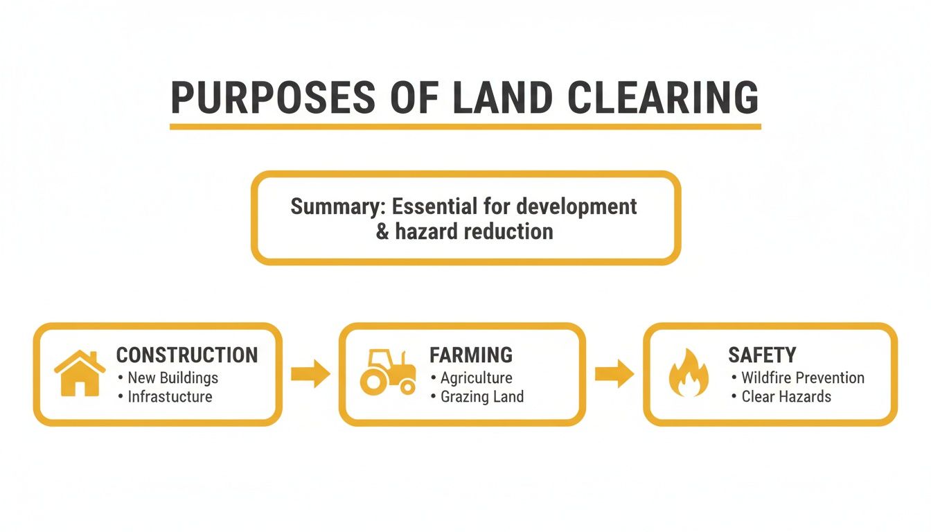 Infographic outlining the essential purposes of land clearing for construction, farming, and safety.