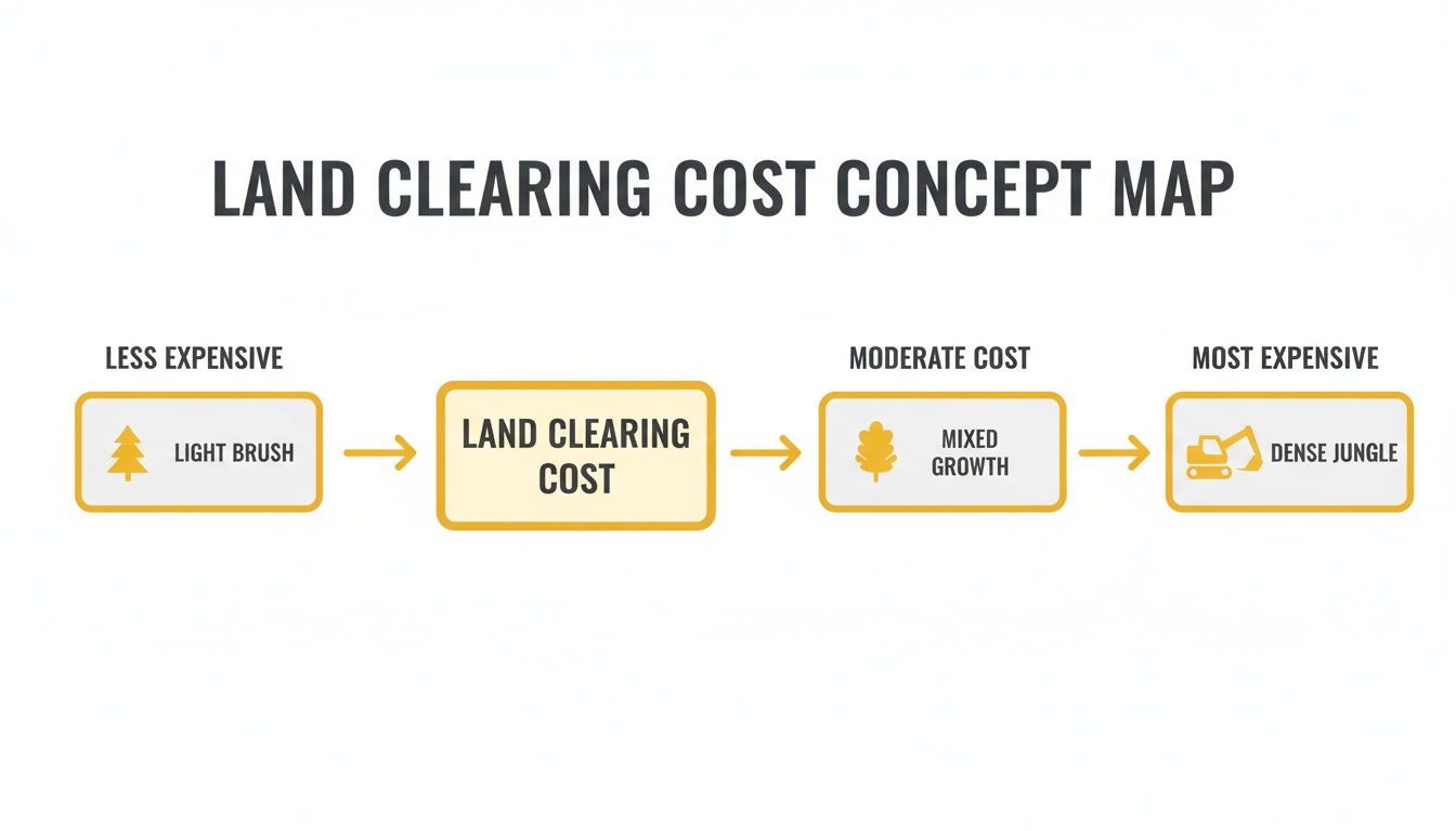 Concept map illustrating land clearing costs, showing light brush as less expensive and dense jungle as most expensive.