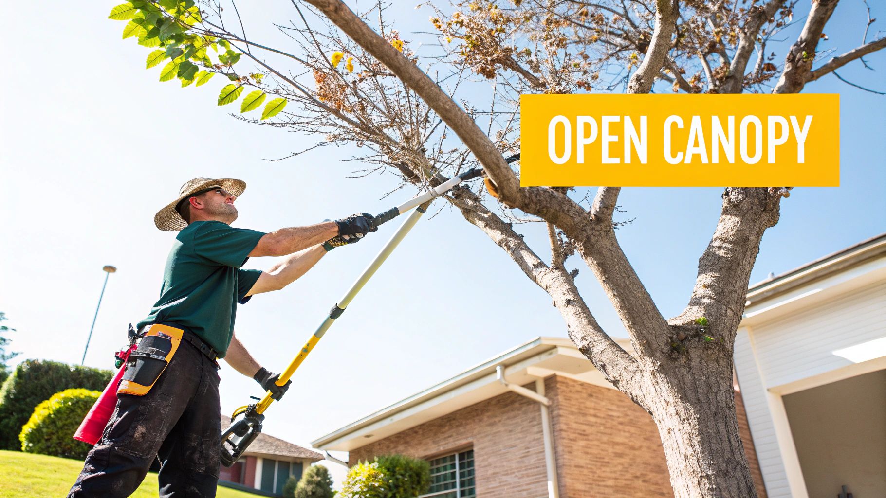 A man in a straw hat and gloves uses a long pole saw to prune dead branches from a tree on a sunny day.