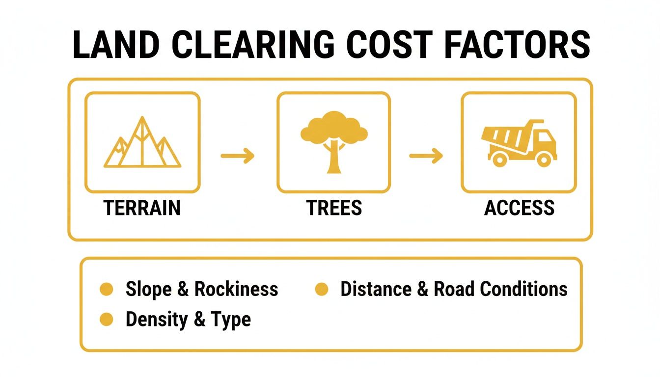 Diagram illustrates land clearing cost factors including terrain, trees, and access conditions.