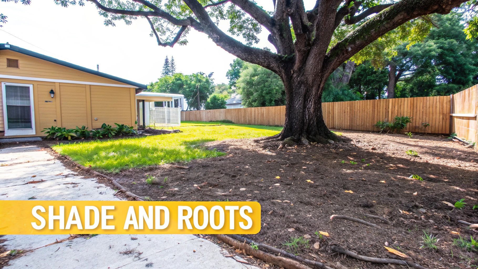 A backyard with a yellow house, a patch of green grass, and a large tree with exposed roots over bare soil and a wooden fence.