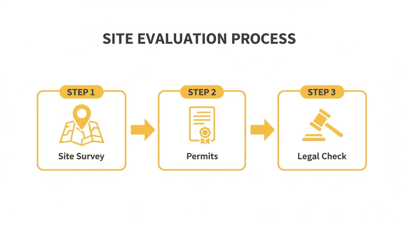 An infographic illustrating the site evaluation process in three steps: Site Survey, Permits, and Legal Check.