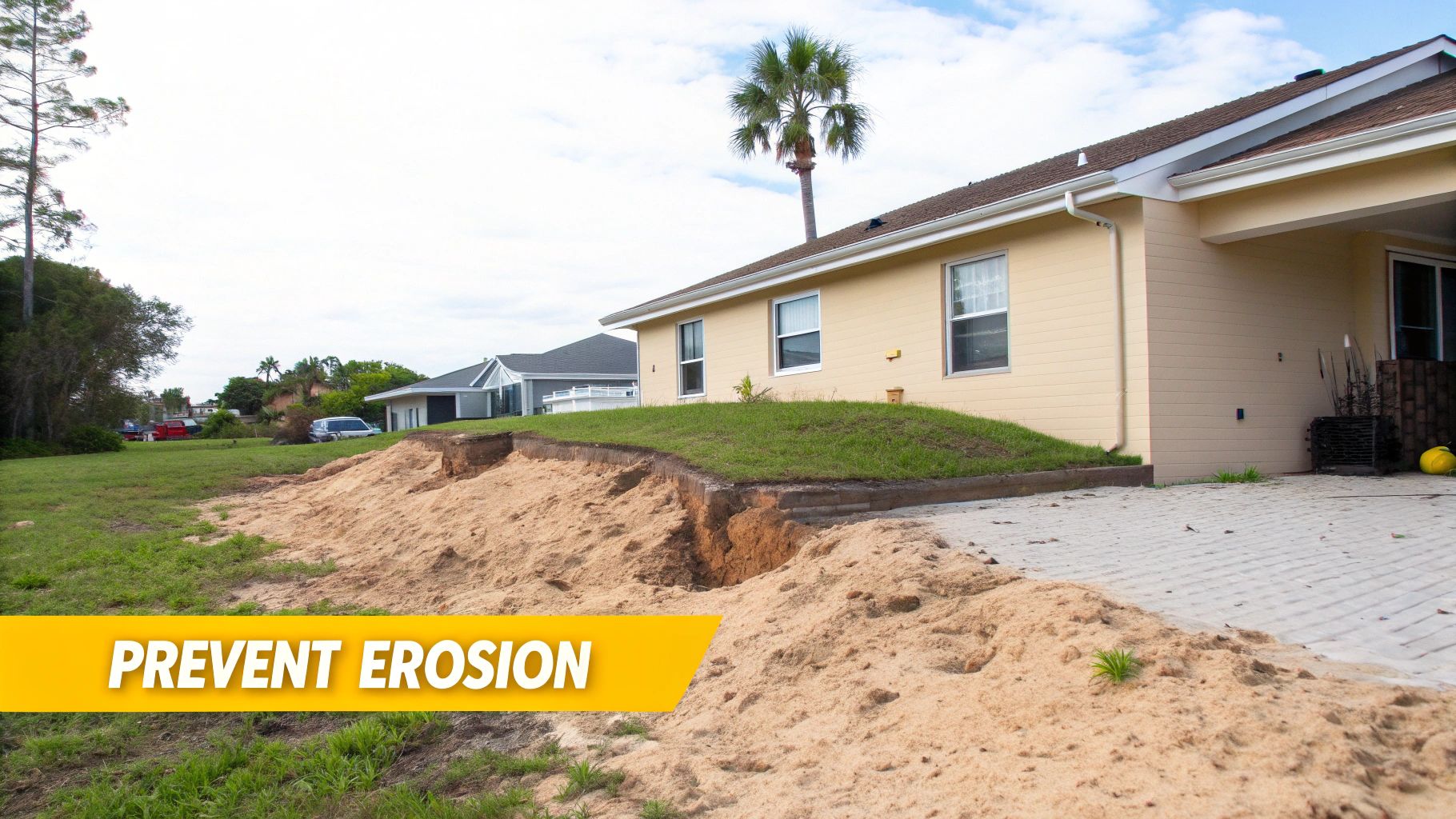 Severe soil erosion damage in residential yard showing exposed sand and eroded lawn near house