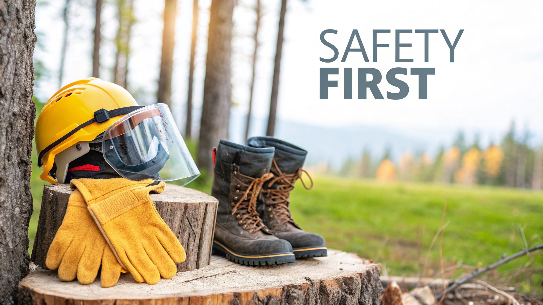 Safety gear including a hard hat, face shield, gloves, and work boots on tree stumps in a forest, with 'SAFETY FIRST' text.