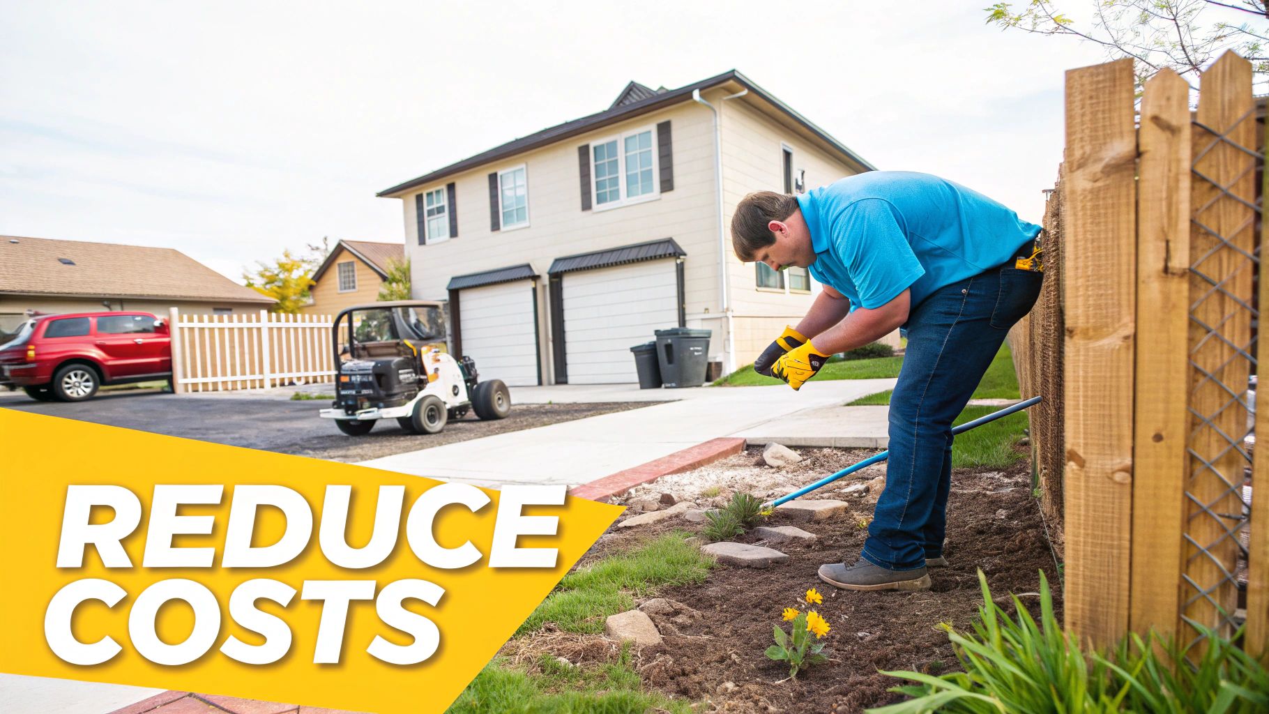A man performs yard work near a house, with a prominent 'REDUCE COSTS' graphic.