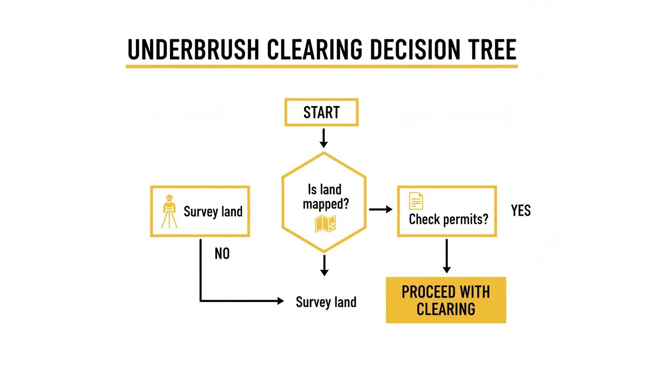 A flowchart titled 'Underbrush Clearing Decision Tree' guides users through land mapping, permits, and clearing steps.