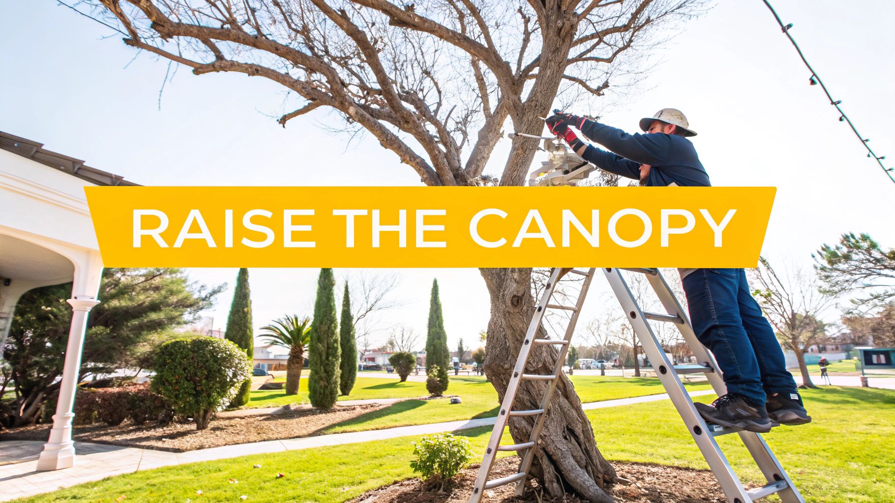 A person on a ladder trims tree branches with a tool, beneath a banner 'RAISE THE CANOPY'.