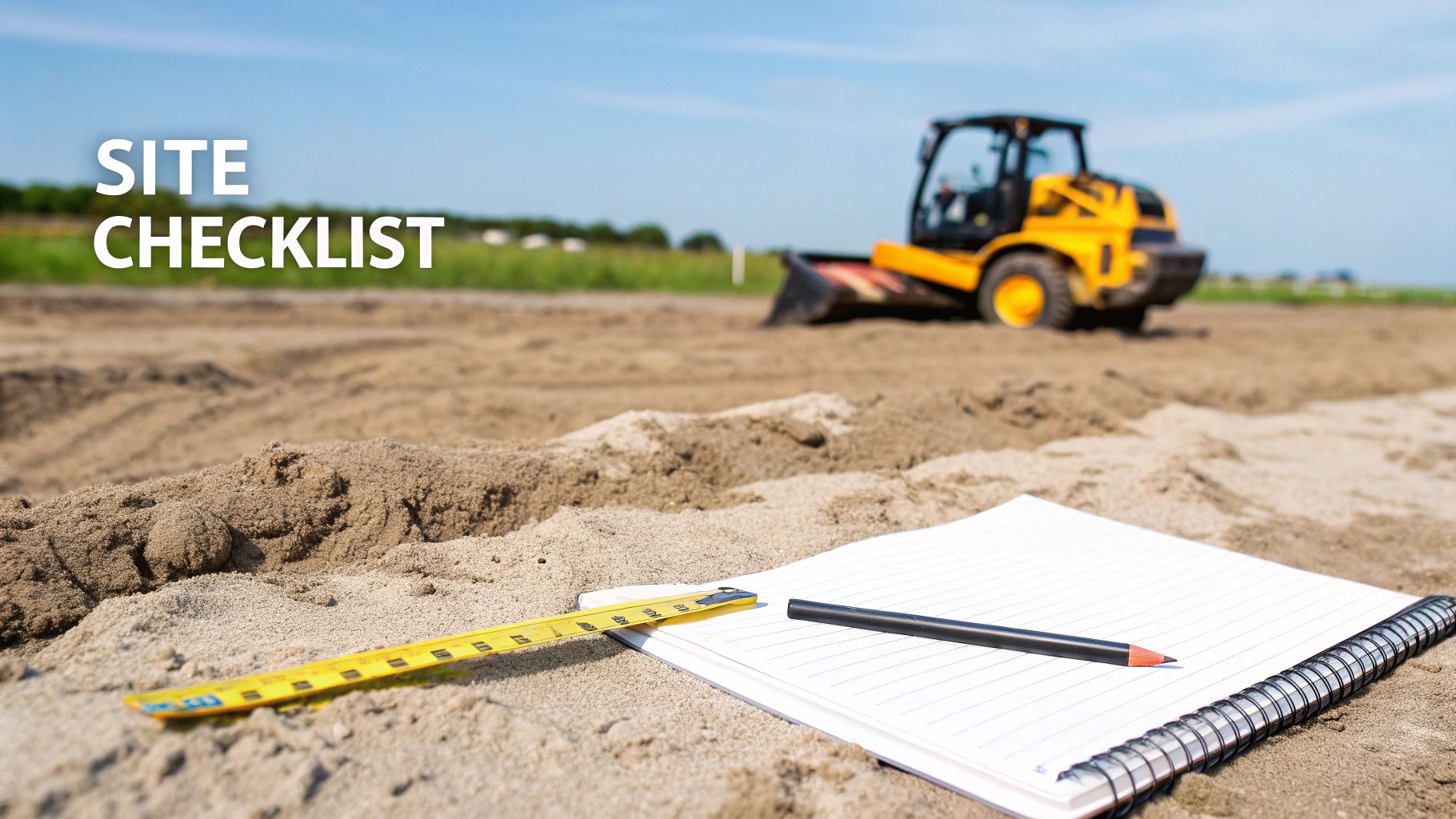 A site checklist image showing a notebook, pencil, and measuring tape on sand, with a bulldozer in the background.