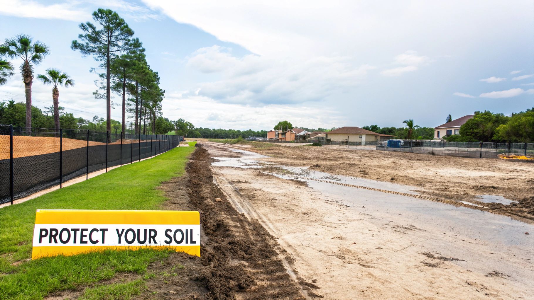 A yellow 'PROTECT YOUR SOIL' sign on green grass next to a muddy construction site with houses.