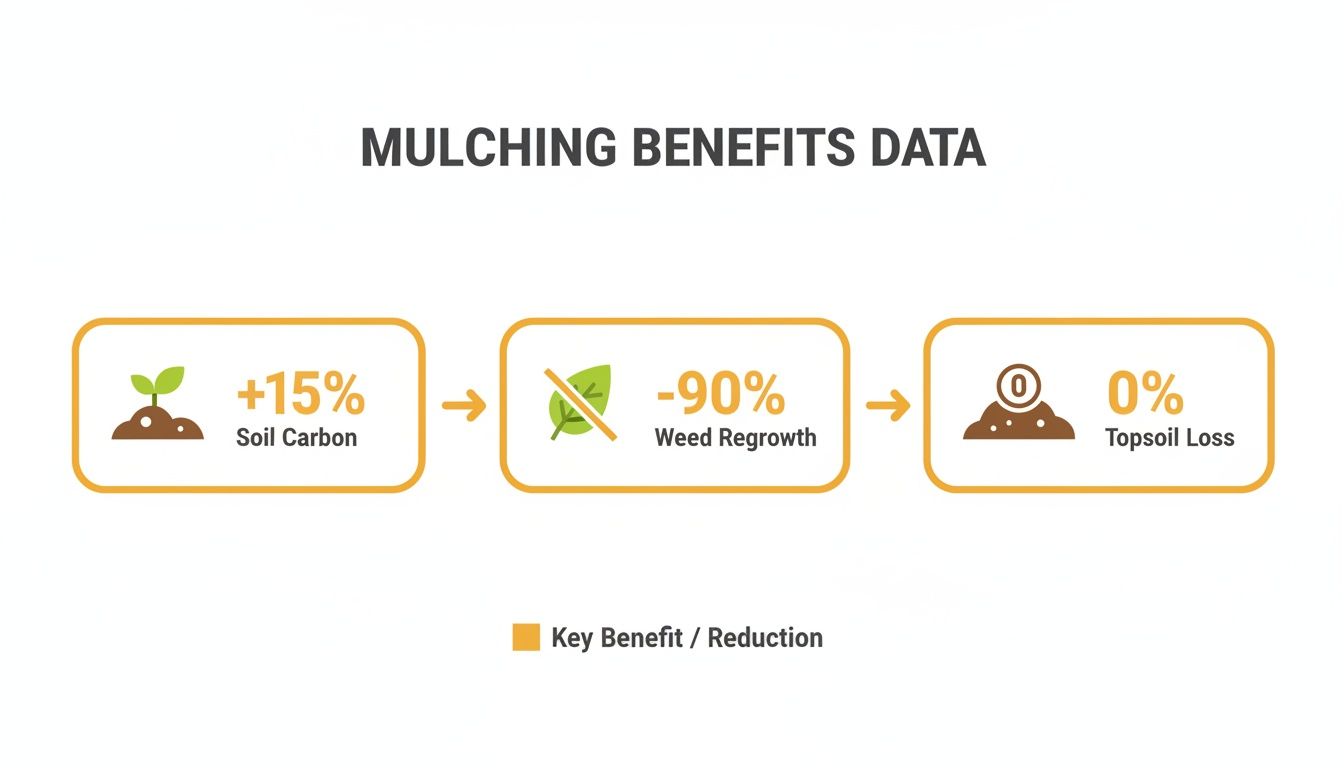 Infographic detailing mulching benefits: 15% more soil carbon, 90% less weed regrowth, and 0% topsoil loss.